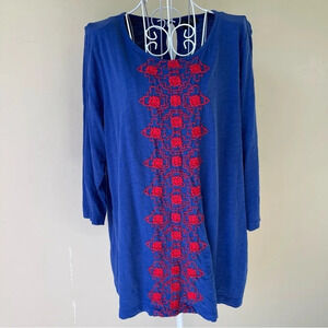 Lucky Brand Royal Blue / Red Embroidered Top three quarter sleeve size 1X